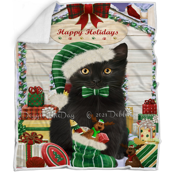 Happy Holidays Christmas Black Cat House with Presents Blanket BLNKT142053