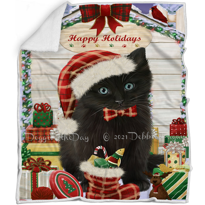 Happy Holidays Christmas Black Cat House with Presents Blanket BLNKT142054