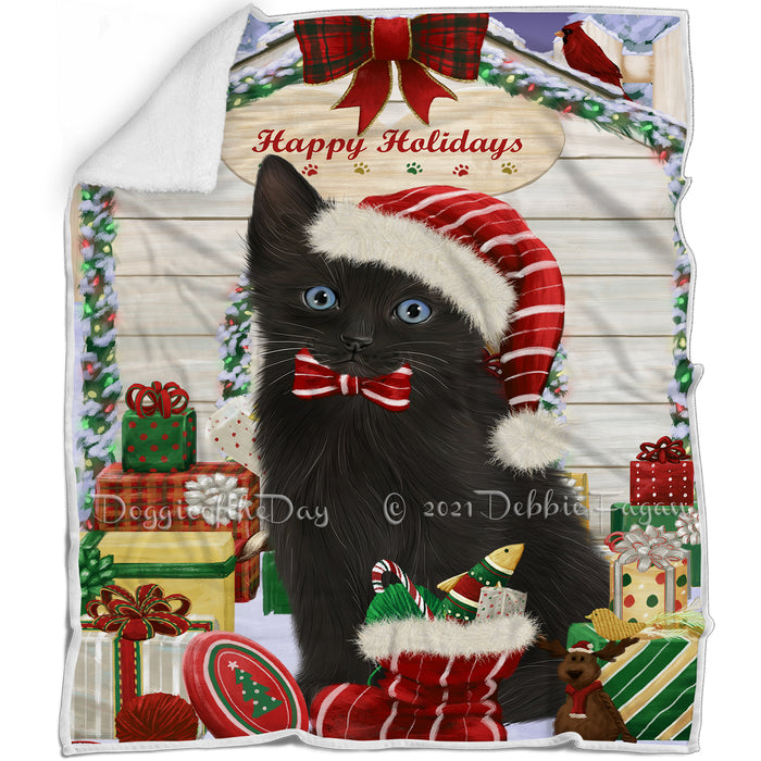 Happy Holidays Christmas Black Cat House with Presents Blanket BLNKT142055