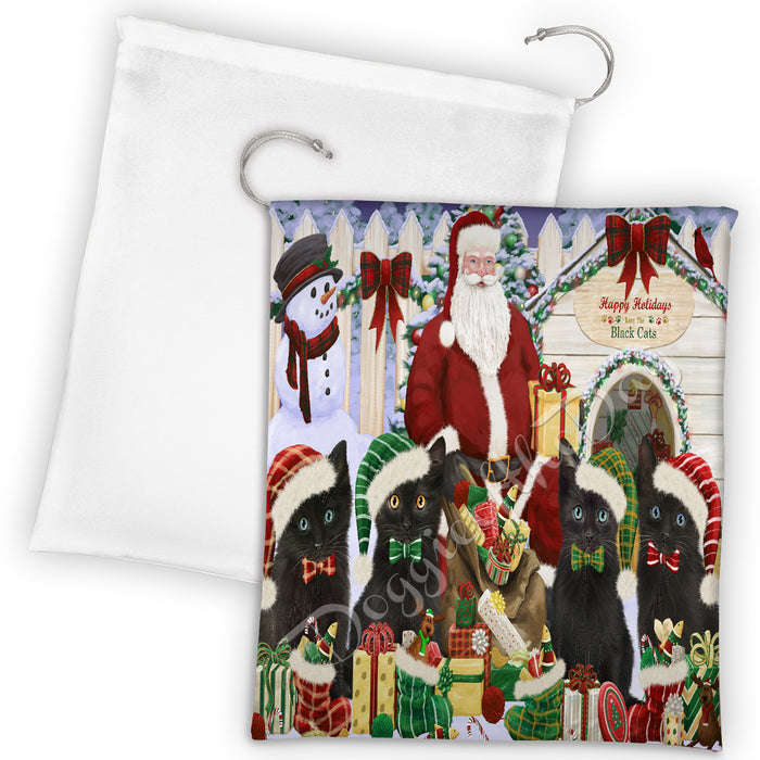 Happy Holidays Christmas Black Cats House Gathering Drawstring Laundry or Gift Bag LGB48022
