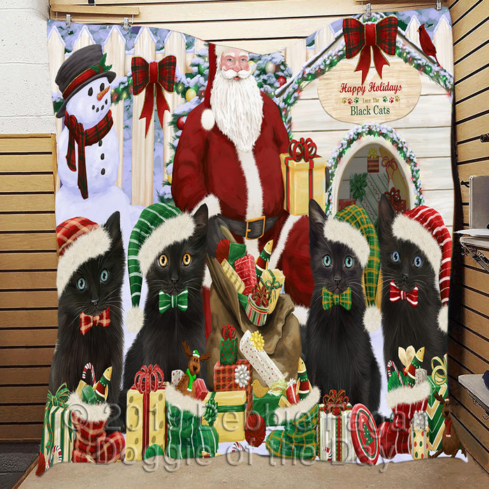 Happy Holidays Christmas Black Cats House Gathering Quilt