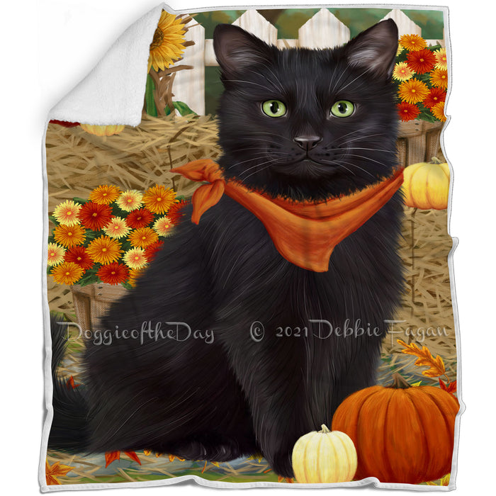 Fall Autumn Greeting Black Cat with Pumpkins Blanket BLNKT87078