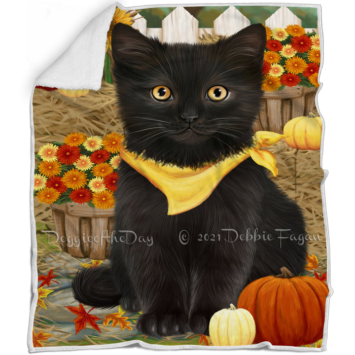 Fall Autumn Greeting Black Cat with Pumpkins Blanket BLNKT87087
