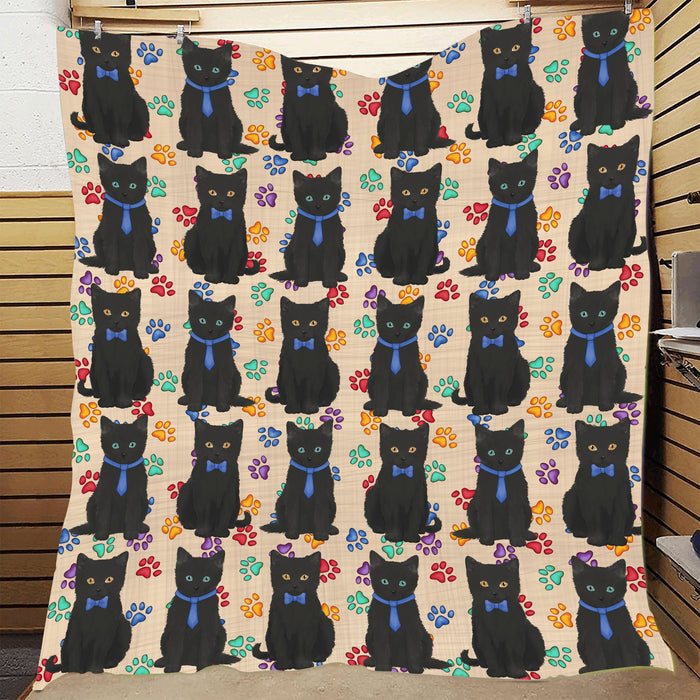 Rainbow Paw Print Black Cats Blue Quilt