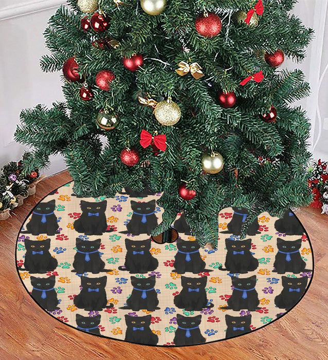 Rainbow Paw Print Black Cats Blue Christmas Tree Skirt