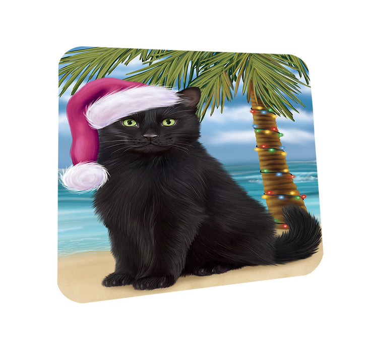 Summertime Happy Holidays Christmas Black Cat on Tropical Island Beach Coasters Set of 4 CST54370