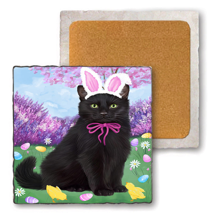 Easter Holiday Black Cat Set of 4 Natural Stone Marble Tile Coasters MCST51881