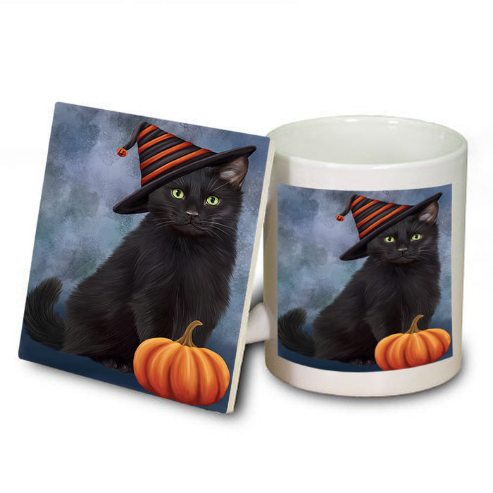 Happy Halloween Black Cat Wearing Witch Hat with Pumpkin Mug and Coaster Set MUC54710