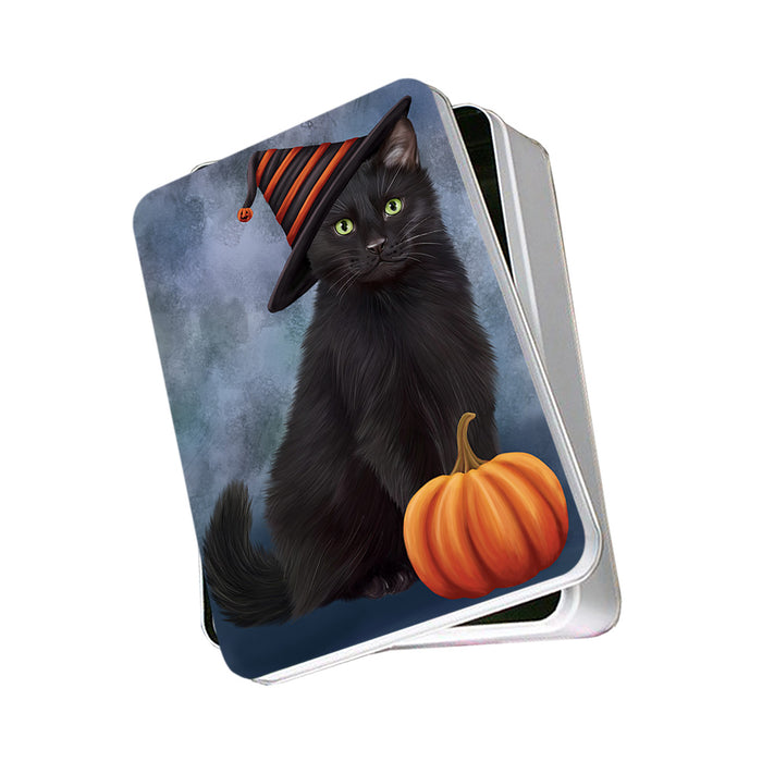 Happy Halloween Black Cat Wearing Witch Hat with Pumpkin Photo Storage Tin PITN54661