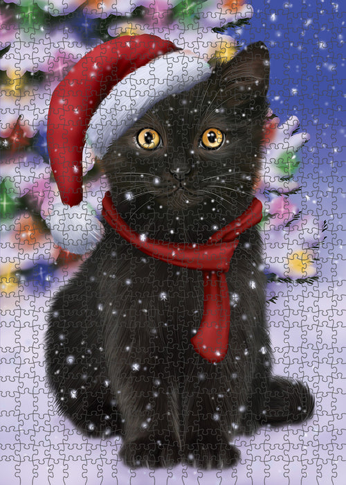 Winterland Wonderland Black Cat In Christmas Holiday Scenic Background Puzzle with Photo Tin PUZL82108