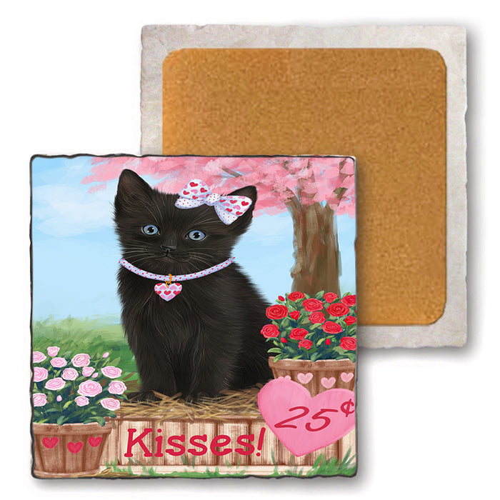 Rosie 25 Cent Kisses Black Cat Set of 4 Natural Stone Marble Tile Coasters MCST50932