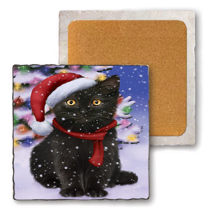 Winterland Wonderland Black Cat In Christmas Holiday Scenic Background Set of 4 Natural Stone Marble Tile Coasters MCST48738
