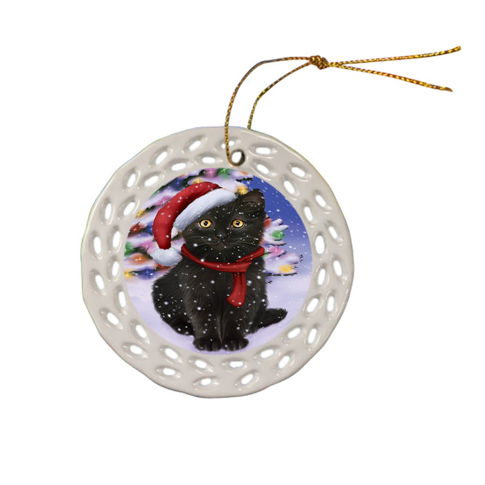 Winterland Wonderland Black Cat In Christmas Holiday Scenic Background Ceramic Doily Ornament DPOR53738