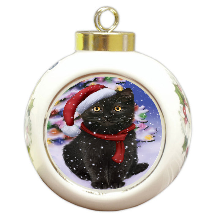 Winterland Wonderland Black Cat In Christmas Holiday Scenic Background Round Ball Christmas Ornament RBPOR53738