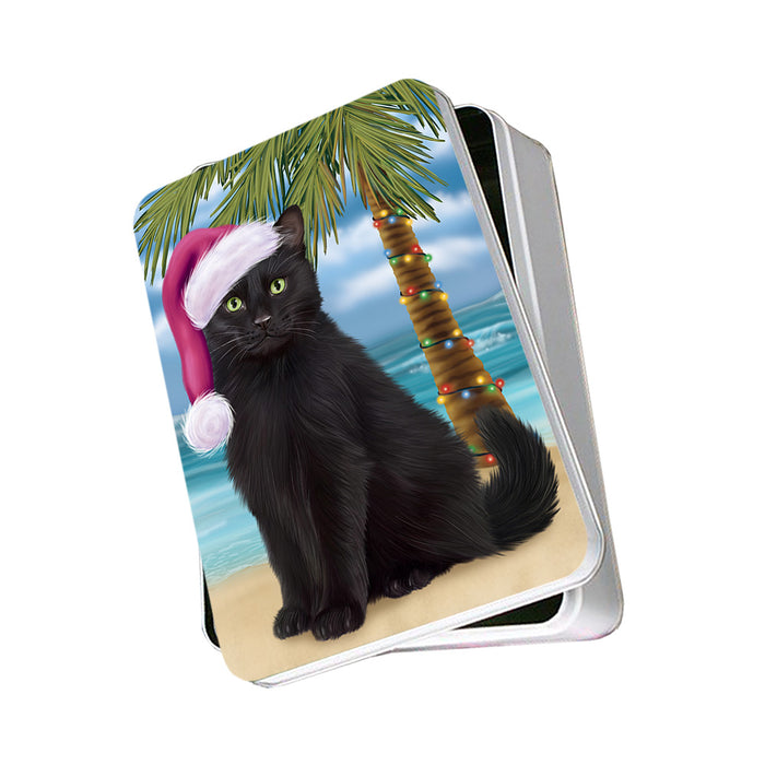 Summertime Happy Holidays Christmas Black Cat on Tropical Island Beach Photo Storage Tin PITN54355