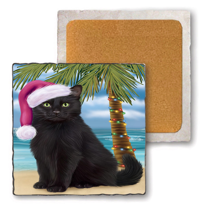Summertime Happy Holidays Christmas Black Cat on Tropical Island Beach Set of 4 Natural Stone Marble Tile Coasters MCST49412