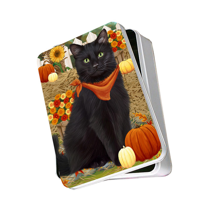 Fall Autumn Greeting Black Cat with Pumpkins Photo Storage Tin PITN52310