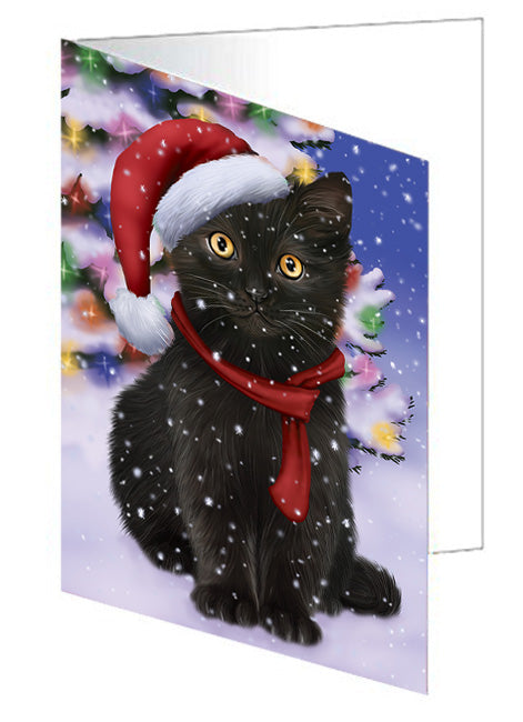 Winterland Wonderland Black Cat In Christmas Holiday Scenic Background Handmade Artwork Assorted Pets Greeting Cards and Note Cards with Envelopes for All Occasions and Holiday Seasons GCD65243