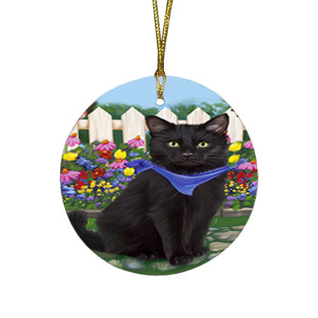 Spring Floral Black Cat Round Flat Christmas Ornament RFPOR52230