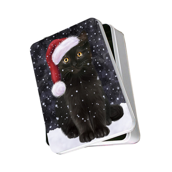 Let it Snow Christmas Holiday Black Cat Wearing Santa Hat Photo Storage Tin PITN54225