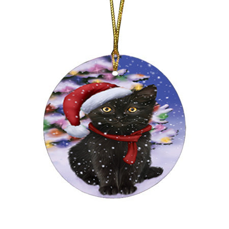 Winterland Wonderland Black Cat In Christmas Holiday Scenic Background Round Flat Christmas Ornament RFPOR53729