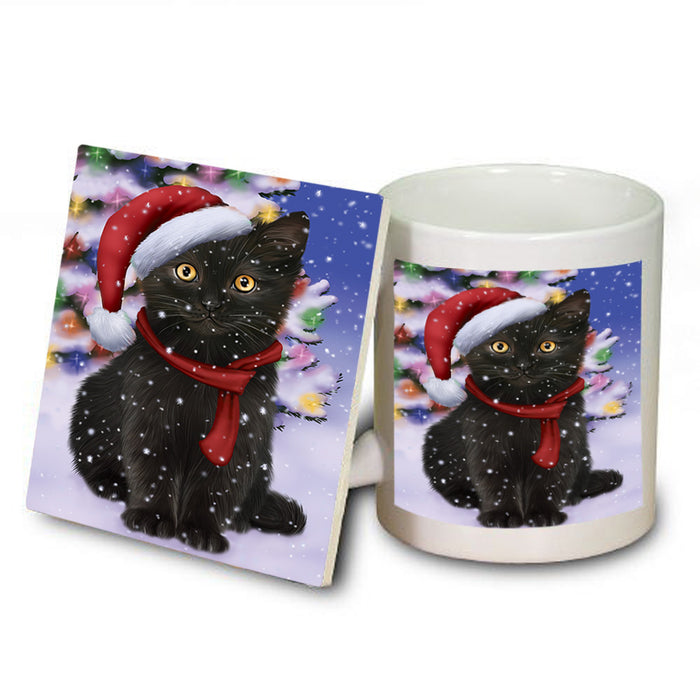Winterland Wonderland Black Cat In Christmas Holiday Scenic Background Mug and Coaster Set MUC53730