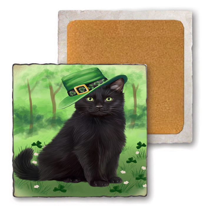 St. Patricks Day Irish Portrait Black Cat Set of 4 Natural Stone Marble Tile Coasters MCST51985