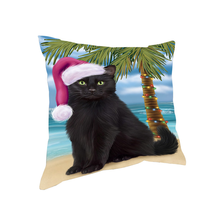 Summertime Happy Holidays Christmas Black Cat on Tropical Island Beach Pillow PIL74784