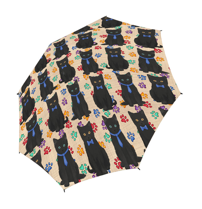 Rainbow Paw Print Black Cats Blue Semi-Automatic Foldable Umbrella