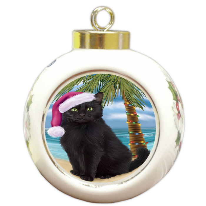 Summertime Happy Holidays Christmas Black Cat on Tropical Island Beach Round Ball Christmas Ornament RBPOR54540