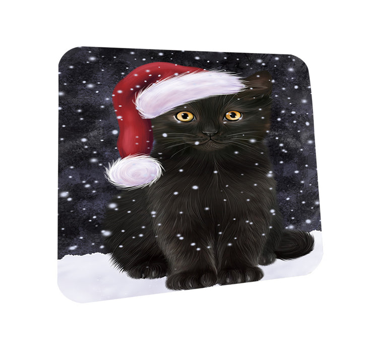 Let it Snow Christmas Holiday Black Cat Wearing Santa Hat Coasters Set of 4 CST54240