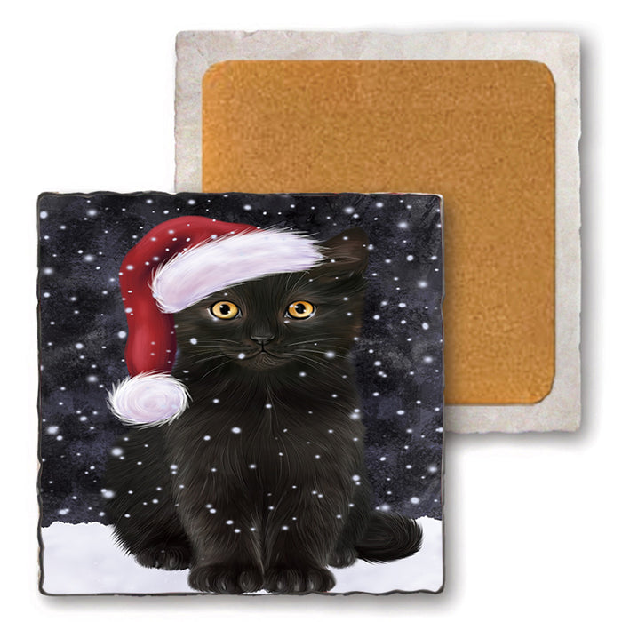 Let it Snow Christmas Holiday Black Cat Wearing Santa Hat Set of 4 Natural Stone Marble Tile Coasters MCST49282