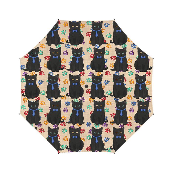 Rainbow Paw Print Black Cats Blue Semi-Automatic Foldable Umbrella