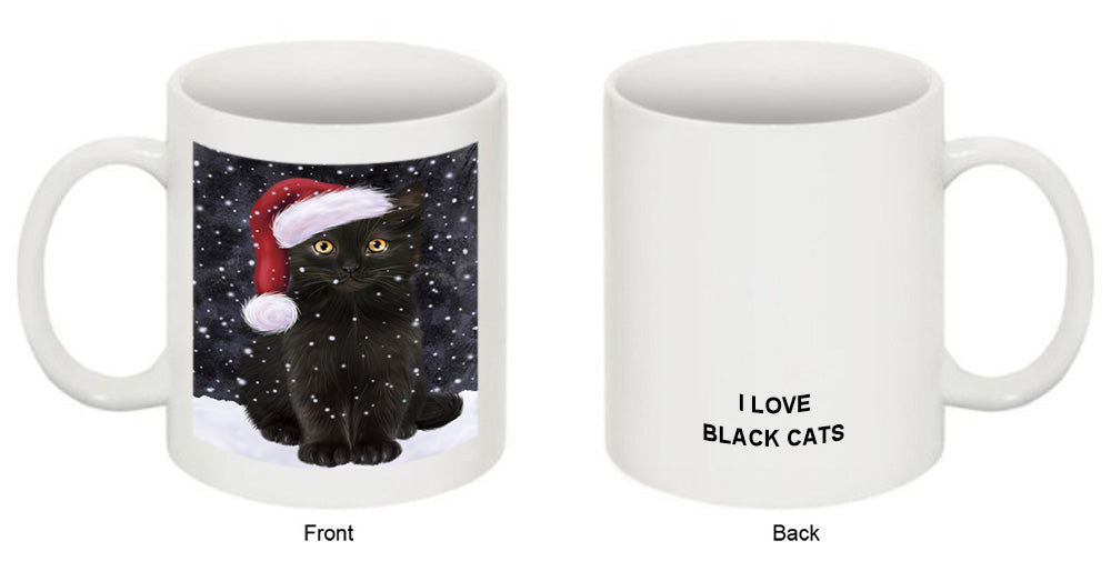 Let it Snow Christmas Holiday Black Cat Wearing Santa Hat Coffee Mug MUG49680