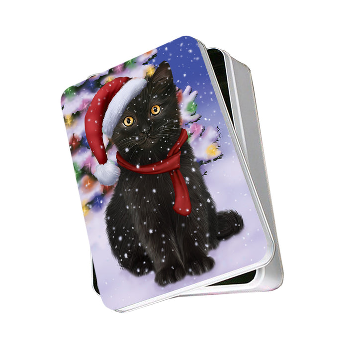 Winterland Wonderland Black Cat In Christmas Holiday Scenic Background Photo Storage Tin PITN53681