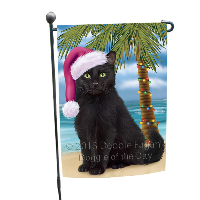 Summertime Happy Holidays Christmas Black Cat on Tropical Island Beach Garden Flag GFLG54602