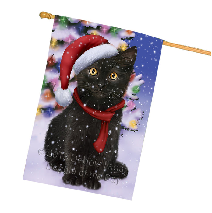 Winterland Wonderland Black Cat In Christmas Holiday Scenic Background House Flag FLG53936