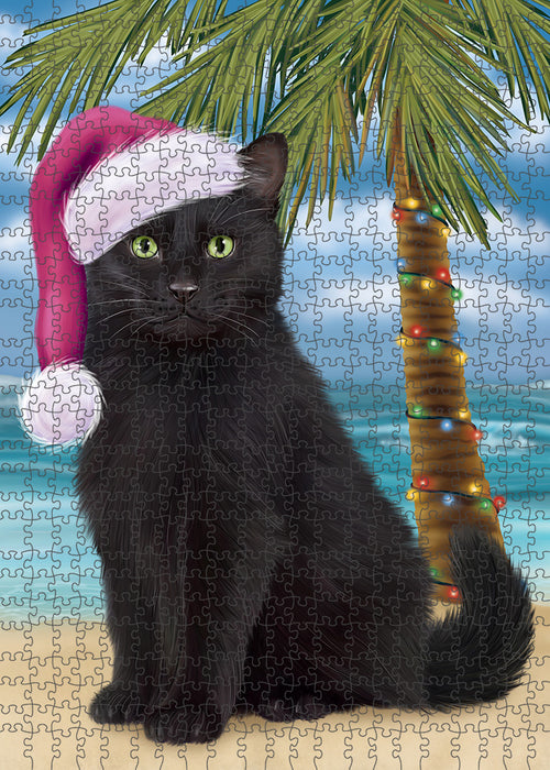 Summertime Happy Holidays Christmas Black Cat on Tropical Island Beach Puzzle with Photo Tin PUZL85316