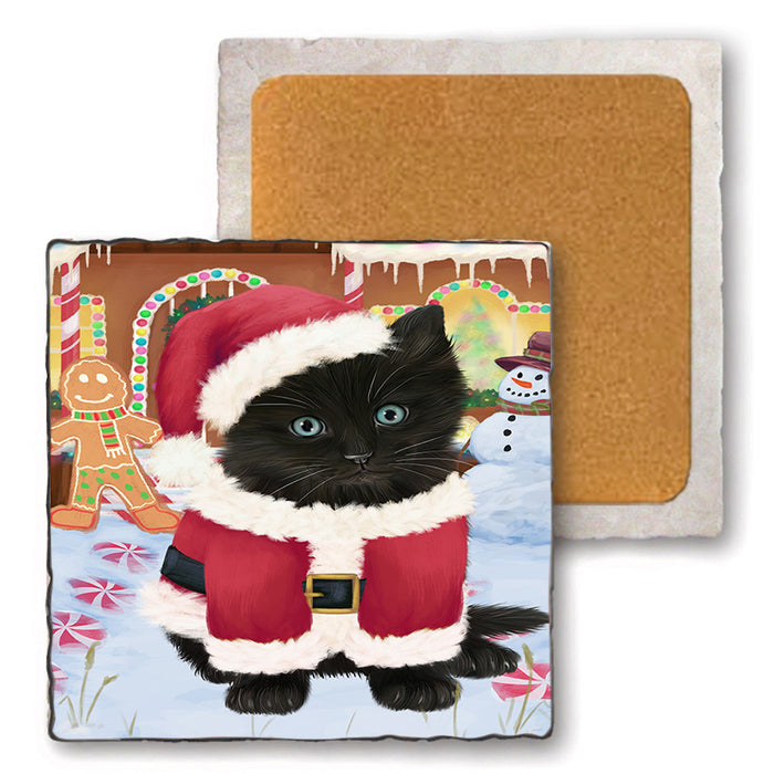 Christmas Gingerbread House Candyfest Black Cat Set of 4 Natural Stone Marble Tile Coasters MCST51191