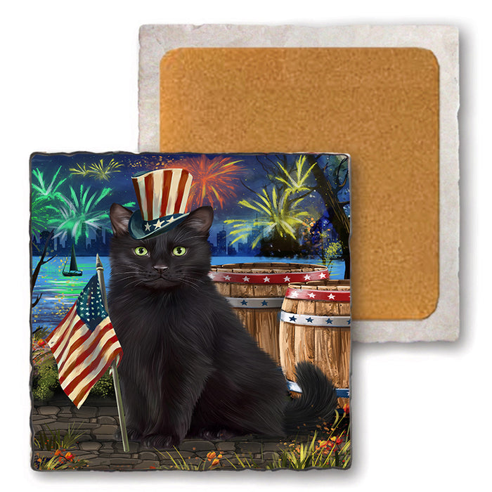 4th of July Independence Day Firework Black Cat Set of 4 Natural Stone Marble Tile Coasters MCST49037