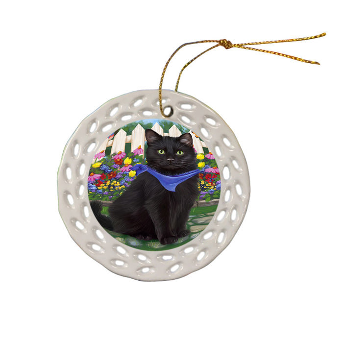 Spring Floral Black Cat Ceramic Doily Ornament DPOR52239