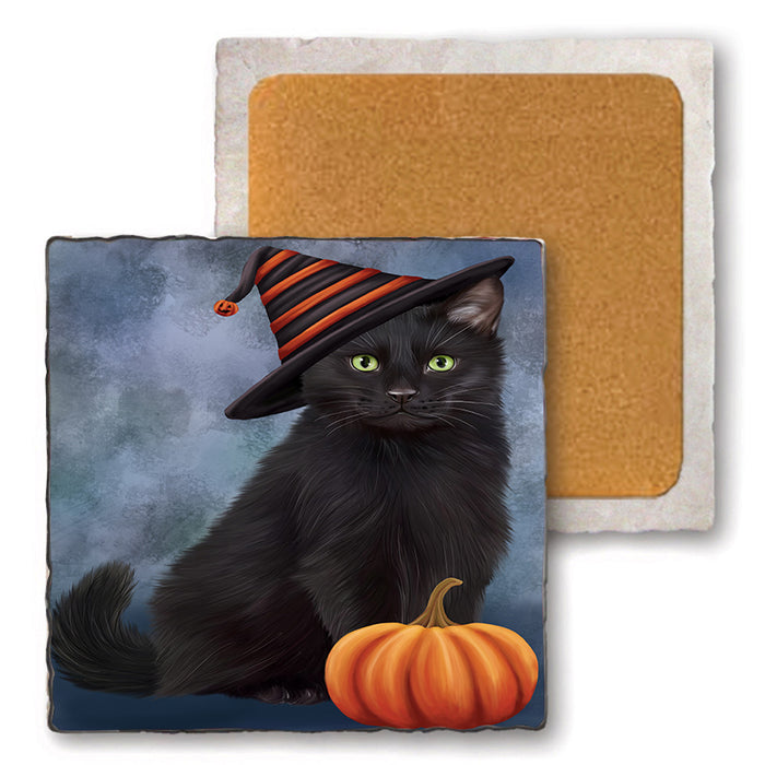 Happy Halloween Black Cat Wearing Witch Hat with Pumpkin Set of 4 Natural Stone Marble Tile Coasters MCST49718