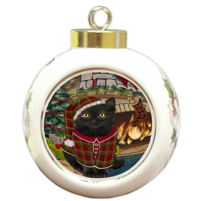 The Stocking was Hung Black Cat Round Ball Christmas Ornament RBPOR55576
