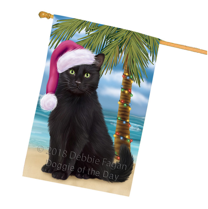 Summertime Happy Holidays Christmas Black Cat on Tropical Island Beach House Flag FLG54738