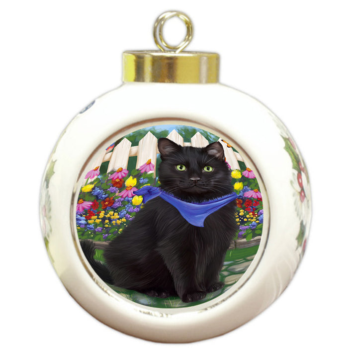 Spring Floral Black Cat Round Ball Christmas Ornament RBPOR52239