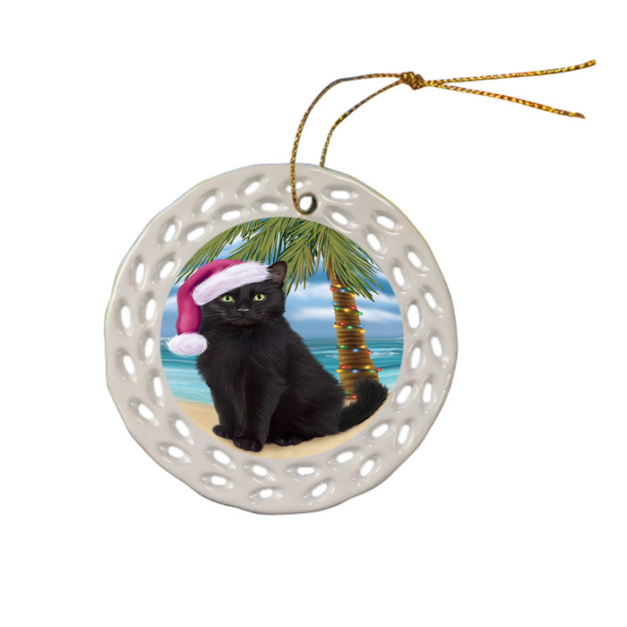 Summertime Happy Holidays Christmas Black Cat on Tropical Island Beach Ceramic Doily Ornament DPOR54540