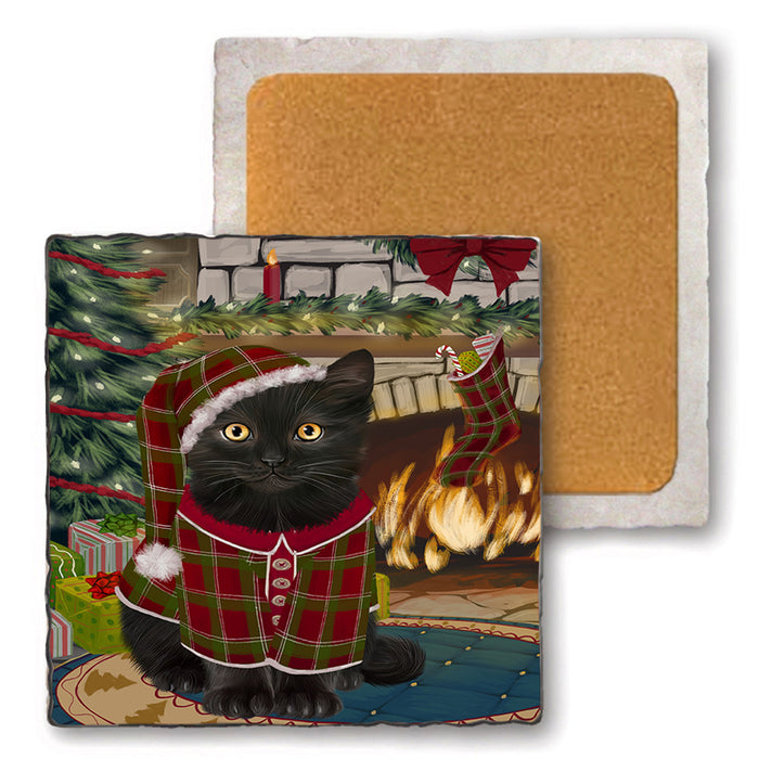 The Stocking was Hung Black Cat Set of 4 Natural Stone Marble Tile Coasters MCST50220