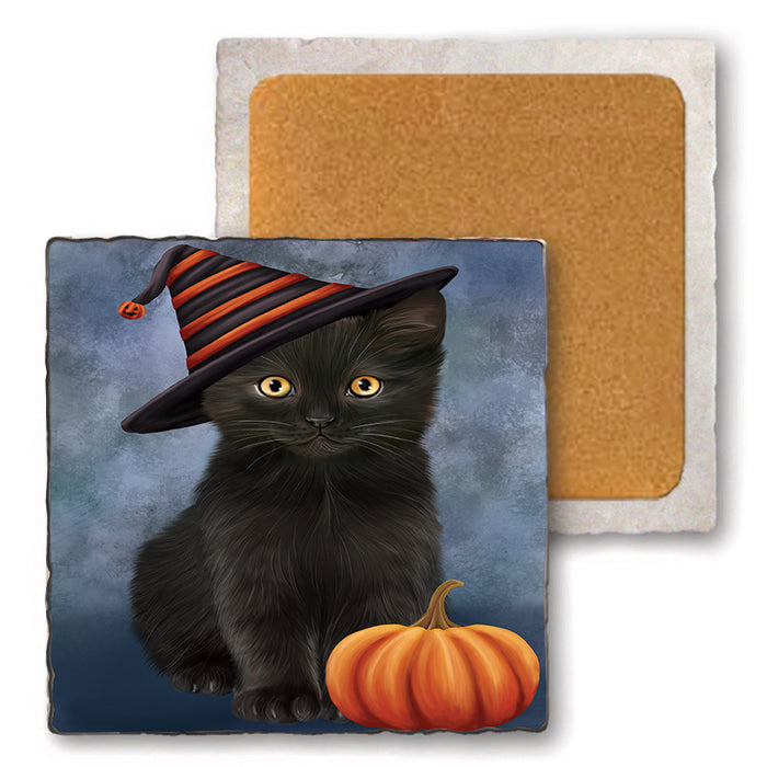 Happy Halloween Black Cat Wearing Witch Hat with Pumpkin Set of 4 Natural Stone Marble Tile Coasters MCST49719