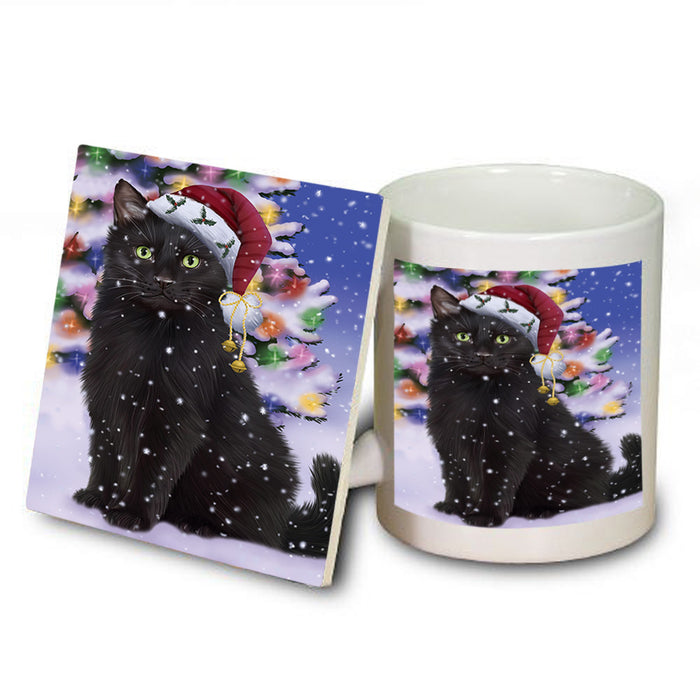 Winterland Wonderland Black Cat In Christmas Holiday Scenic Background Mug and Coaster Set MUC53731