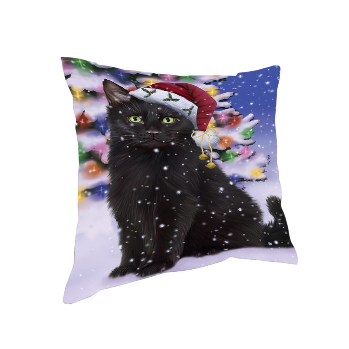 Winterland Wonderland Black Cat In Christmas Holiday Scenic Background Pillow PIL71580